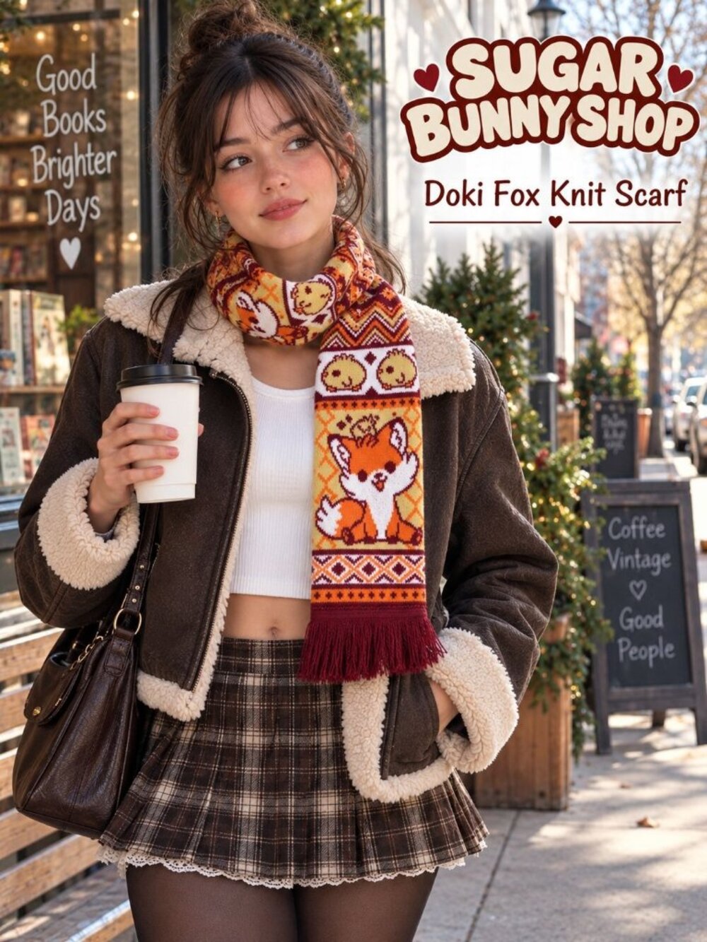 Sugar Bunny Shop Doki Fox Knit Scarf Orange Burgundy Kawaii Cute Fringe